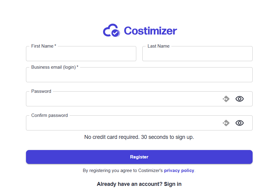 Welcome to Costimizer pop-up and Connect cloud account prompt
