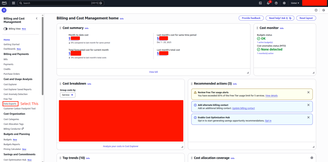 AWS Billing Data Exports — Create Standard Data Export