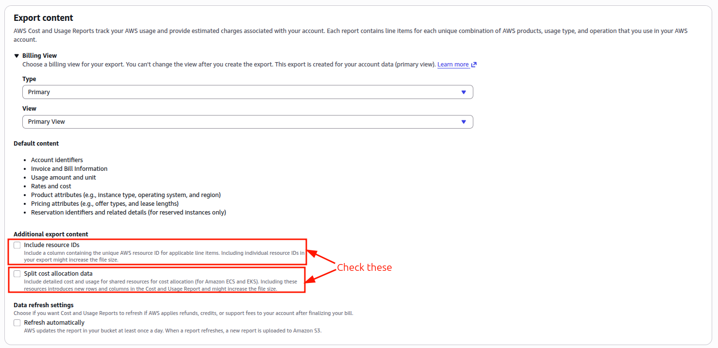 AWS export settings — time granularity and overwrite