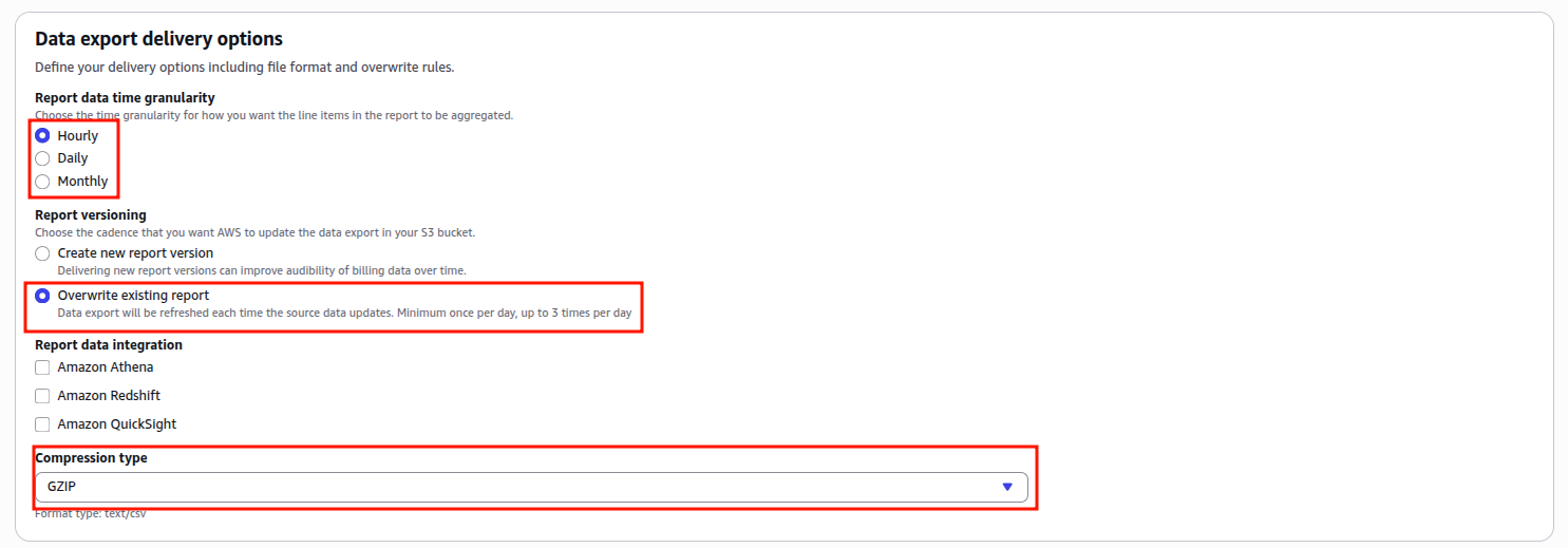 AWS export — choose S3 bucket and path prefix