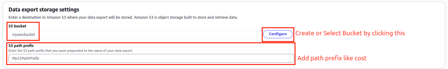 AWS export — S3 bucket configuration