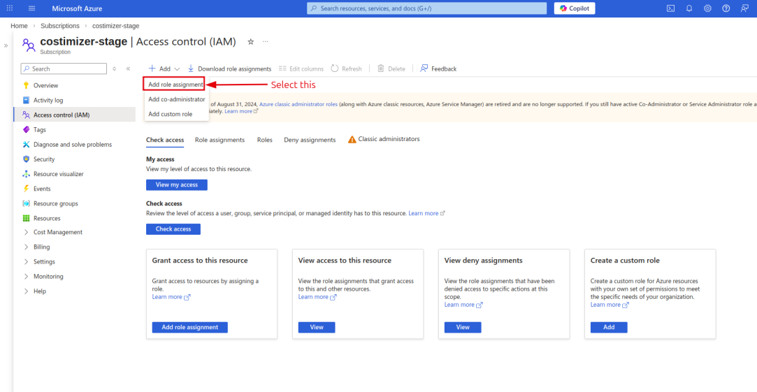 Azure IAM — select Reader role