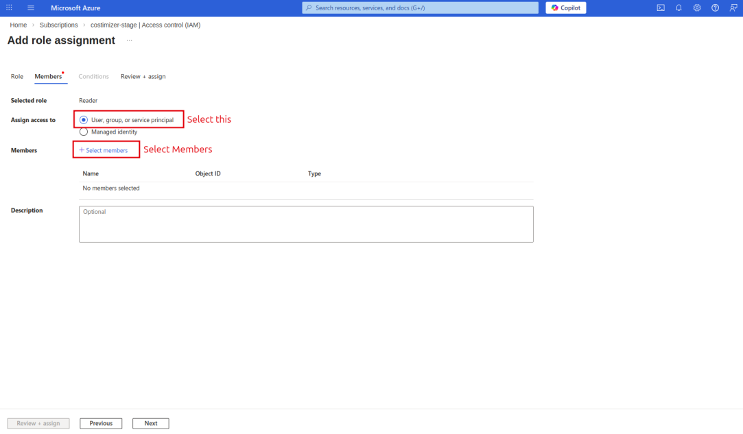 Azure IAM — select costimizer.ai app
