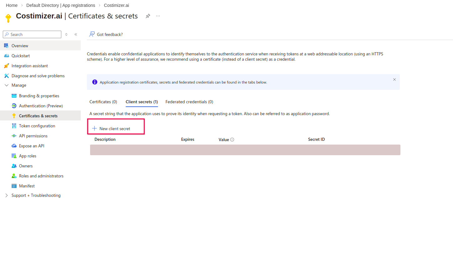 Azure — client secret value