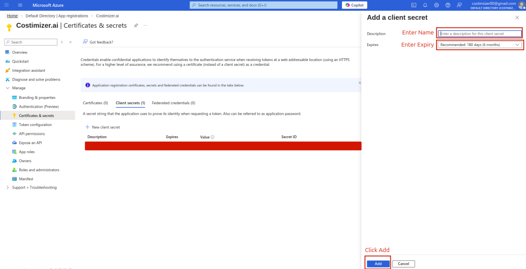 Azure — confirm Add client secret