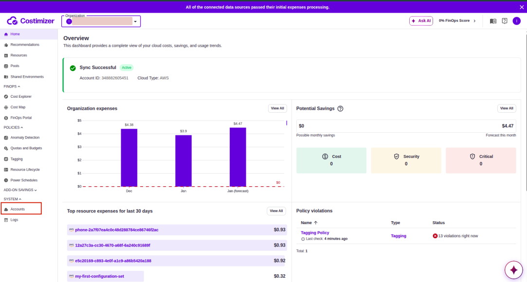 Costimizer Azure connection — select Subscription