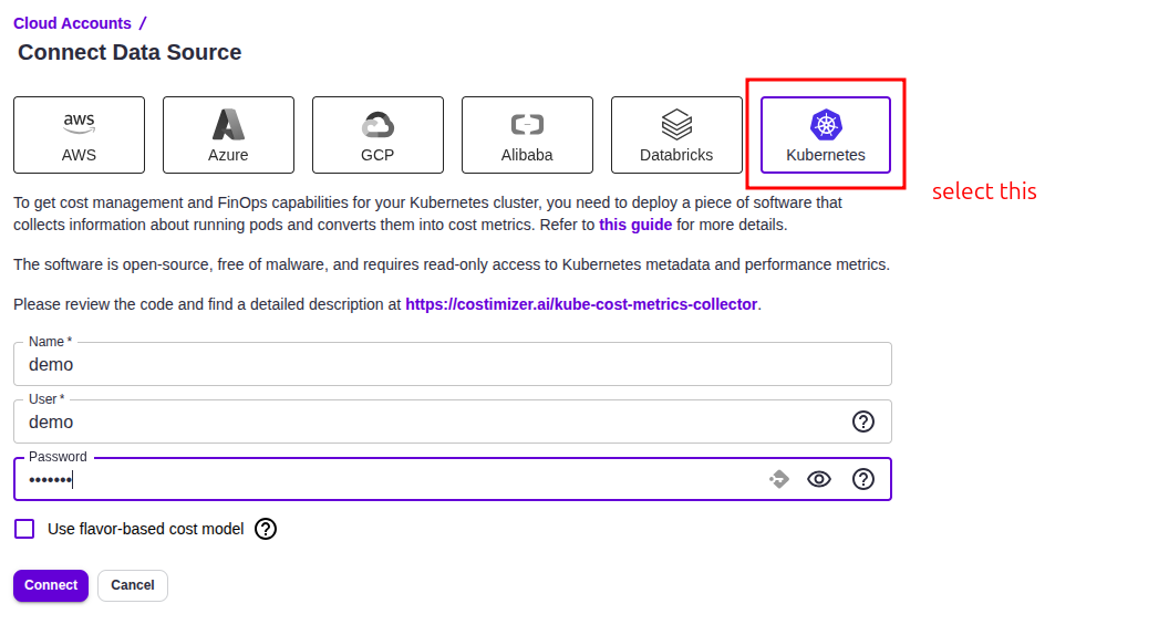Kubernetes connection — select Kubernetes and fill fields