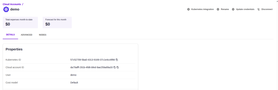 Kubernetes account details — verify IDs and cost model