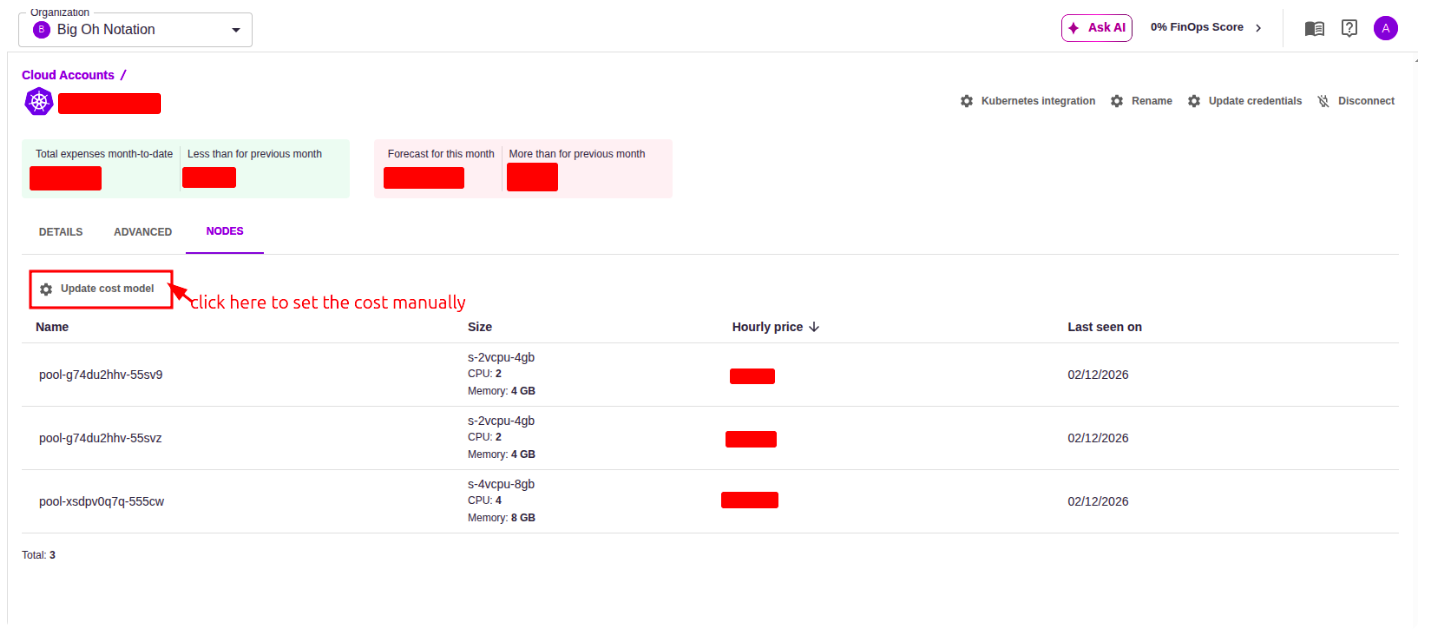 Kubernetes account — cost model settings