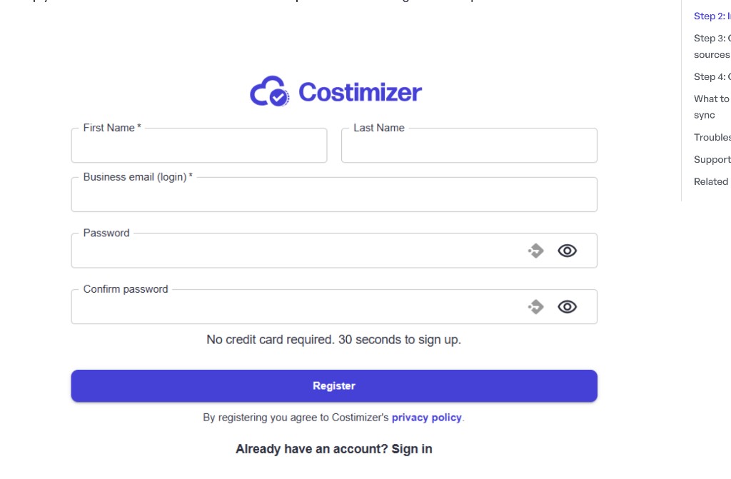 Costimizer registration form