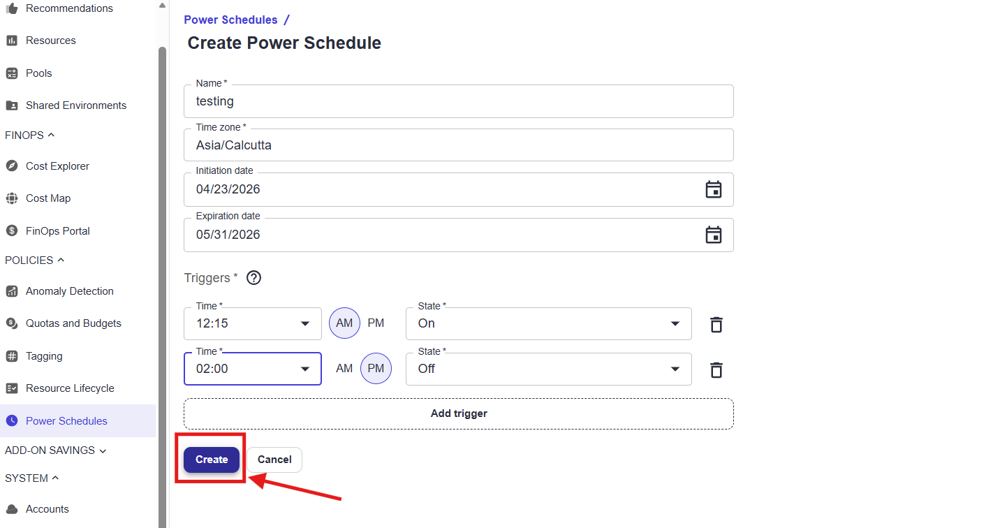 Create button on schedule form