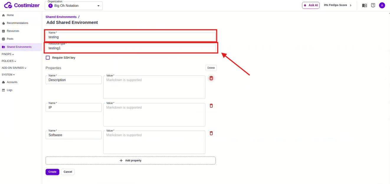 Add Shared Environment form
