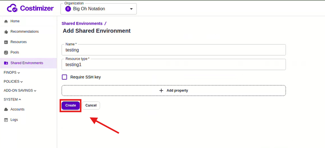 Add Shared Environment form with properties