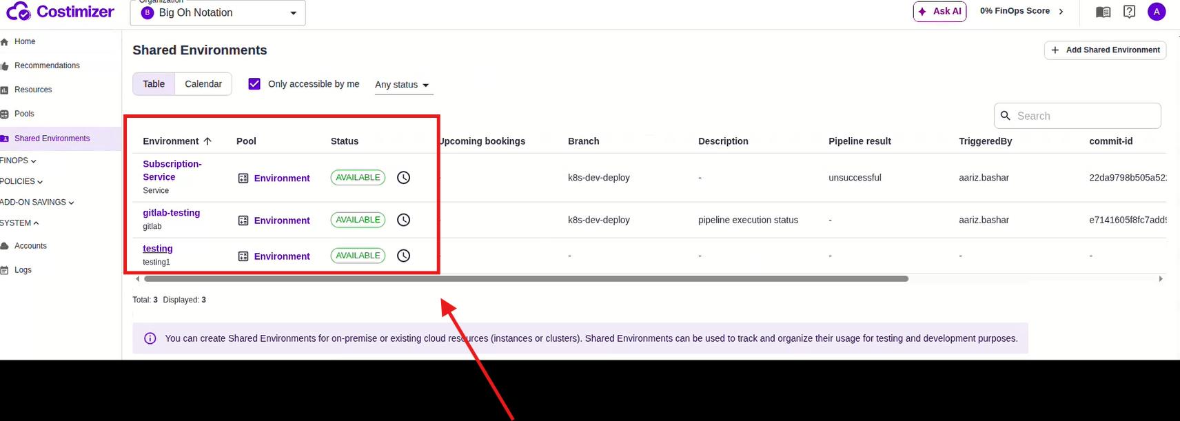 Shared Environments list with newly created environment
