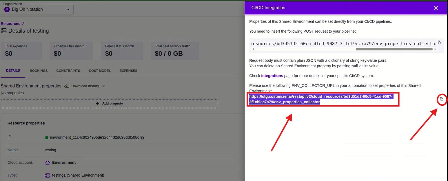 CI/CD Integration panel — JSON request body requirements